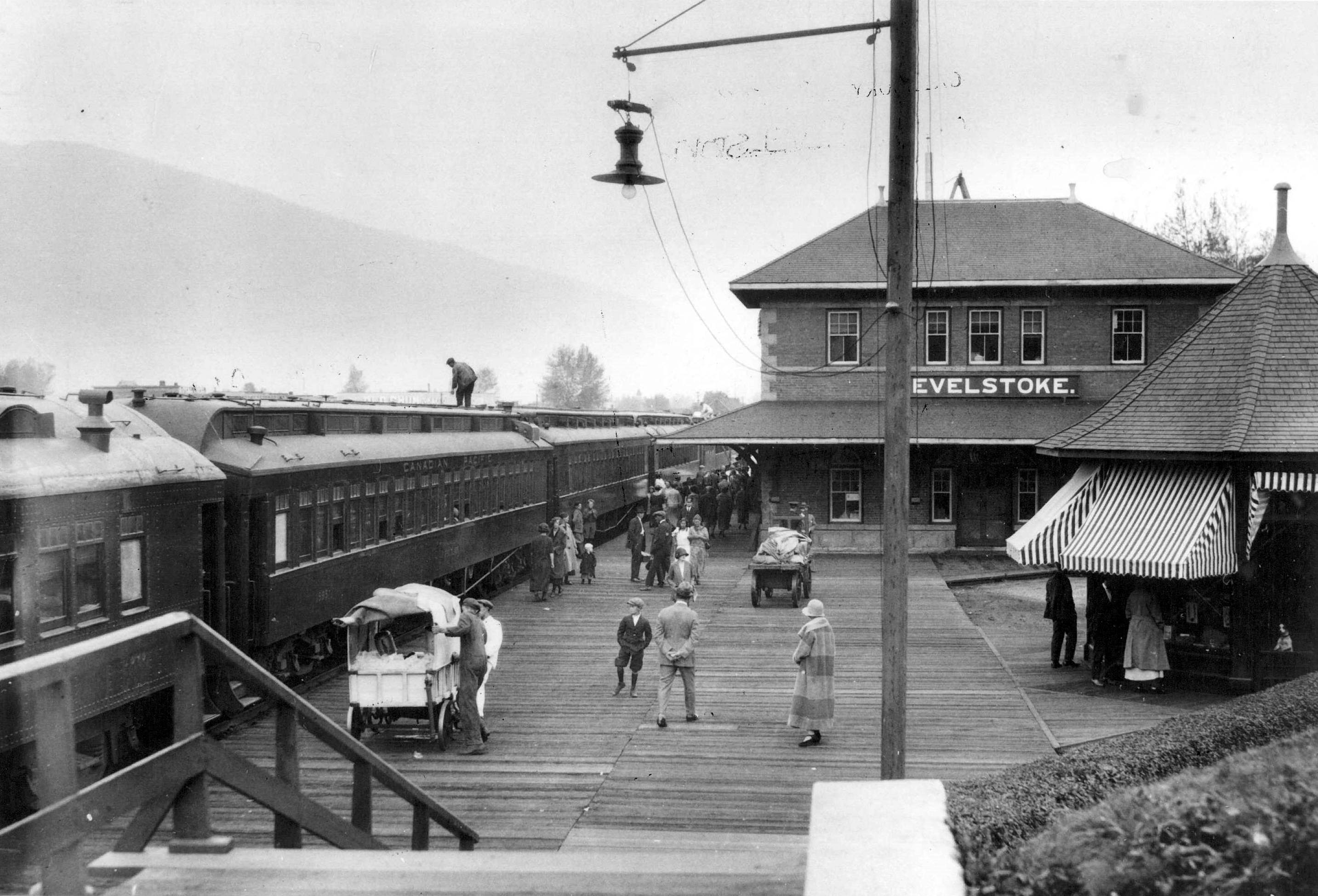 Historic Black and White Photo of Train Station in Revelstoke